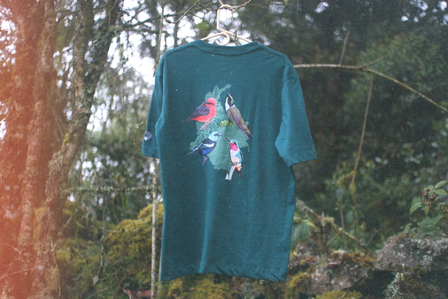 The tee on a hanger showing the four-bird back print.