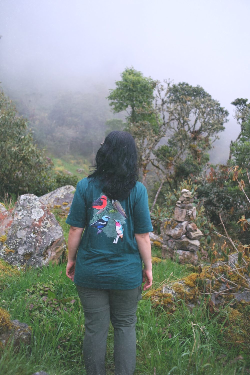 A birder from behind walking into the mist.