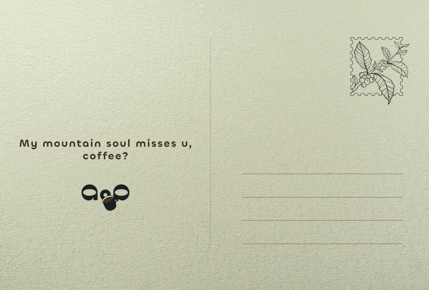 Postcard back: a handwritten note with a coffee-branch stamp.